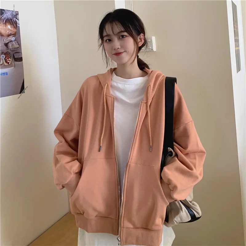 

2022 New Korean Cotton Double Layer Hat Loose Coat Women's Spring Solid Color Casual Long Sleeve Zip Pocket Cardigan Hoodie