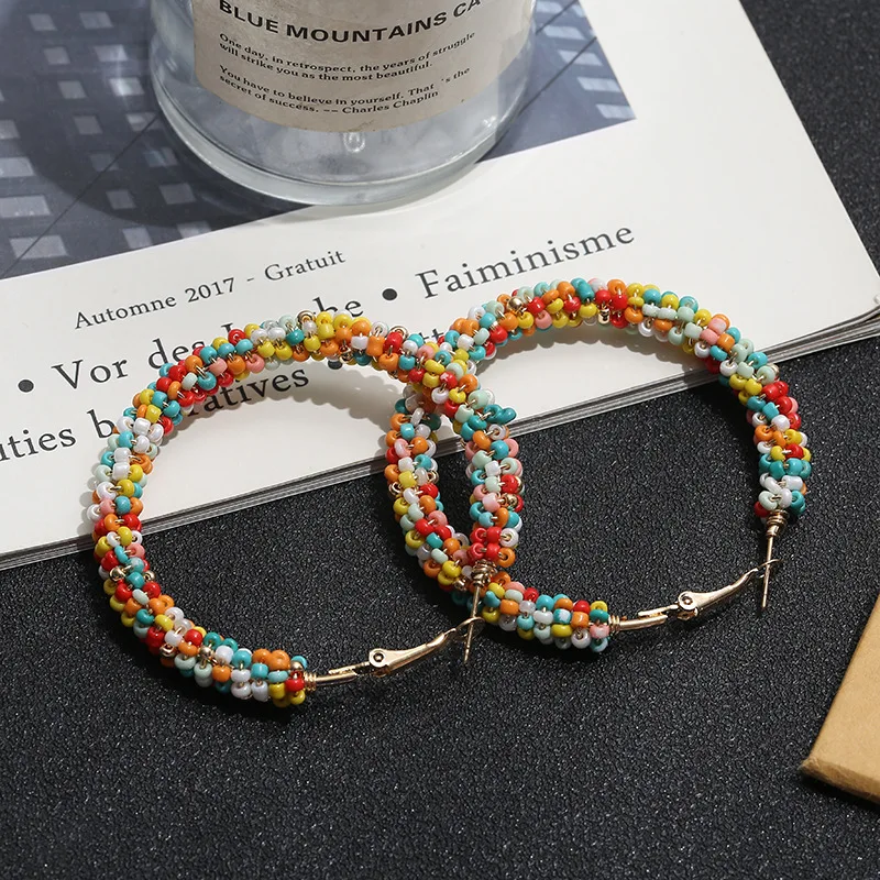 

Bohemian Big Colorful Beads Hoop Earrings for Women Fashion Elegant Casual Handmade Round Earrings Boho Party Wedding Jewelry