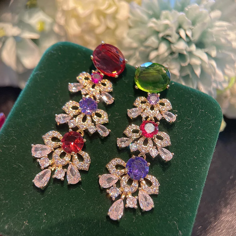 

Colorful Cubic Zirconia Luxury Brand Jewelry for Women Design Statement Dangle Earings Temperament Trendy Wedding Party Eardrop