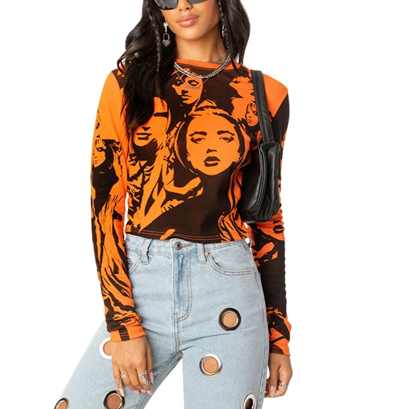 

Human Face Print T-shirt Spring Summer Crew Neck Long Sleeve Pullover Women Ladies Harajuku Streetwear 2022 New