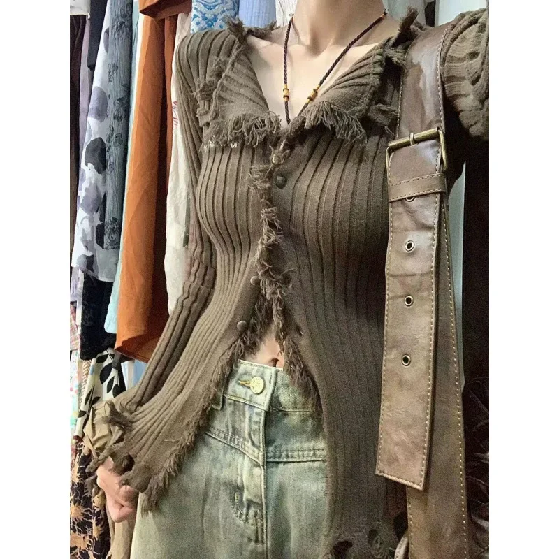 Винтажный вязаный кардиган кофейного цвета с длинным рукавом и бахромой Женский