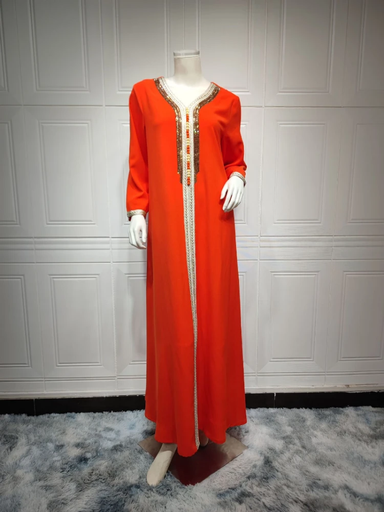 Muslim Fashion Abaya 2023 Summer Spring Muslim Women Long Sleeve V-neck Polyester Orange Long Abaya Muslim Dresses Muslim Sets