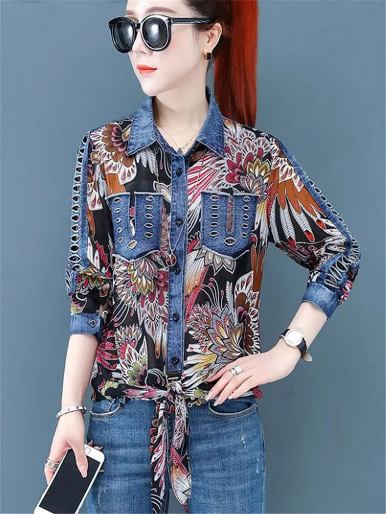 

Fashion Woman Floral Blouuses Chic Printing Top For Women Shirt V-neck Long-Sleeve Patchwork Pocket Top Knotted Shirt Female