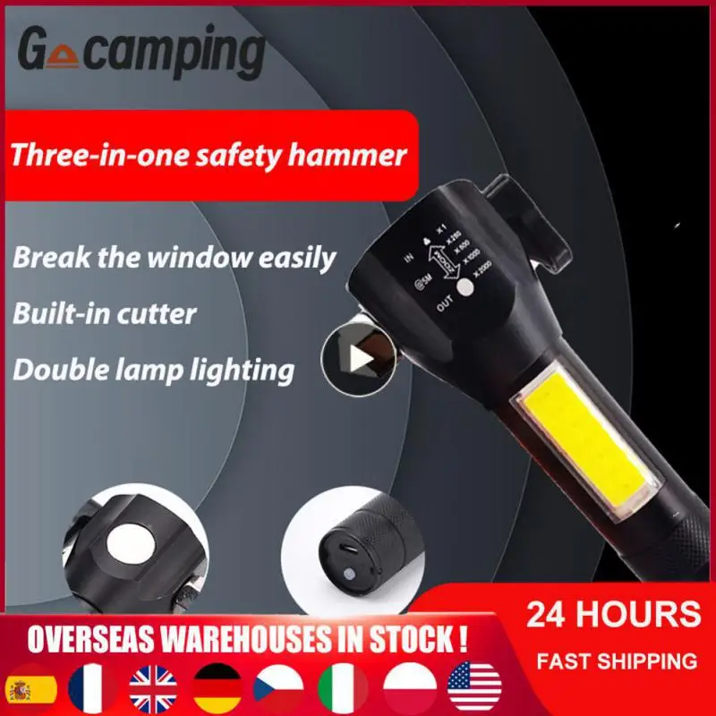 

Magnet Emergency Flashlight Zoom Flashlight With Cob Side Light Mini Torch Camping Supplies Glass Hammer Torch Usb Rechargeable