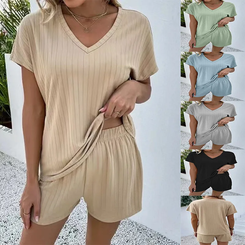 Women's Summer Shorts Set 2023 New Sexy V-Neck Solid Color Casual Loose Pullover Fashion Plus Size Two Piece Home Pajama T-Shirt