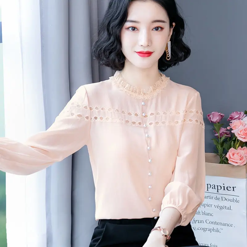 

Pink temperament chiffon shirt female seven-point sleeve 2023 summer new stylish collar lace stitching design blouse clothing