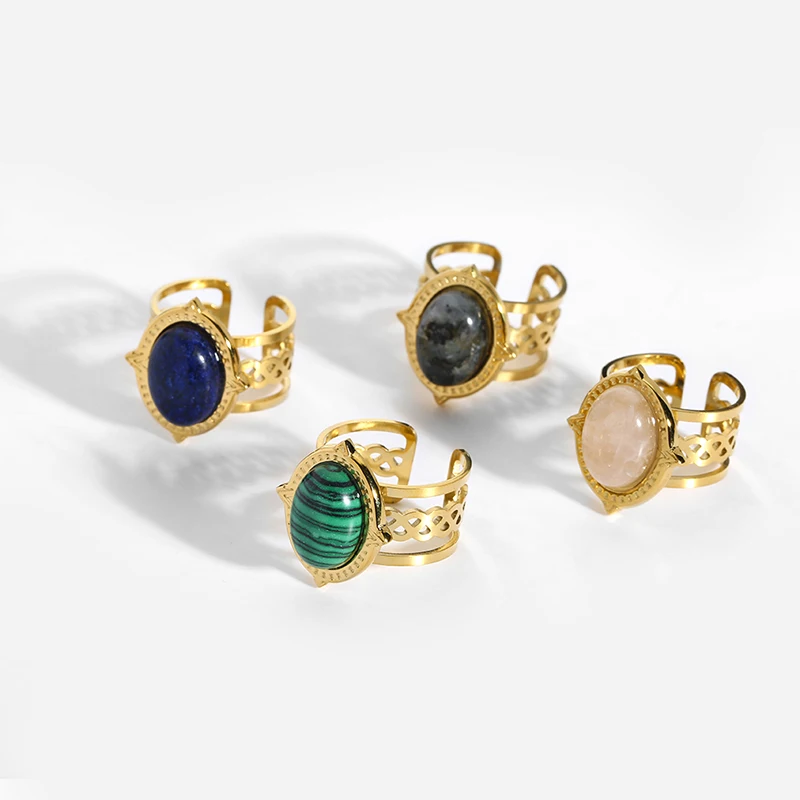 

2022New Stainless Steel Natural Stone Malachite Open Rings Women Jewelry Plated Adjustable Rings Women's Rings Waterproof