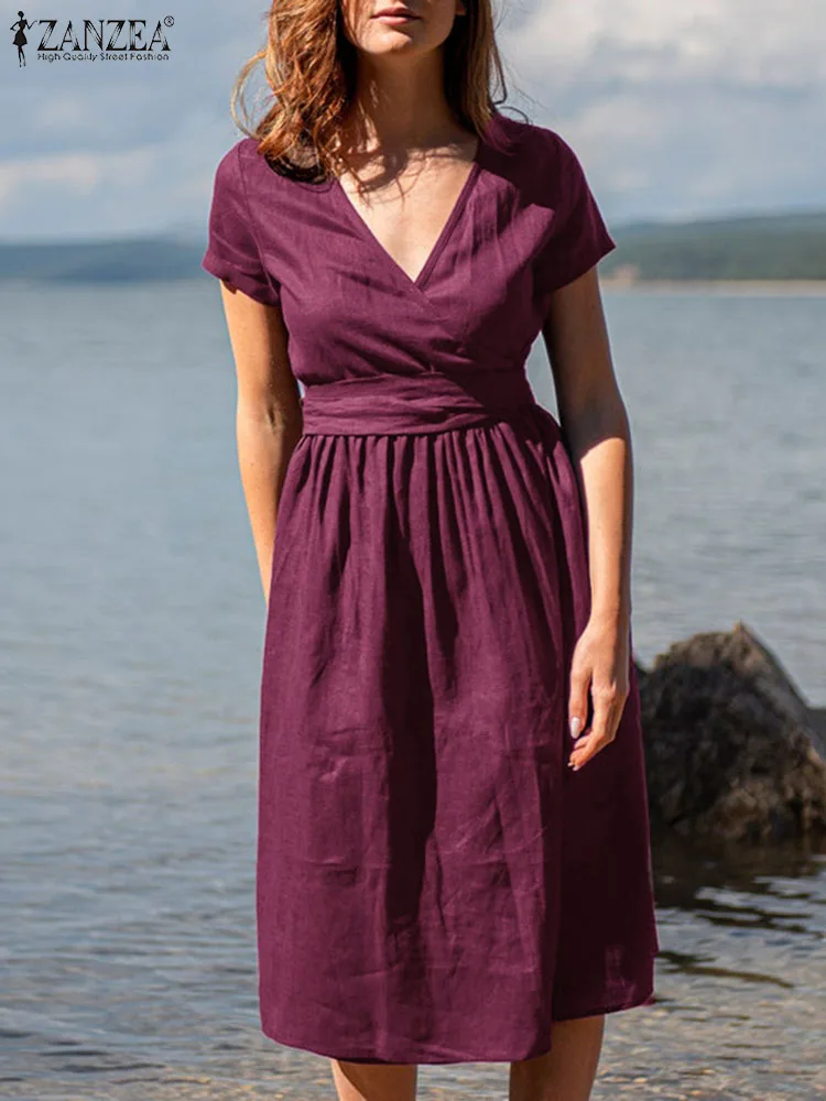 

Платье ZANZEA женское с коротким рукавом и V-образным вырезом, однотонный модный Свободный сарафан в богемном стиле, элегантная повседневная в...