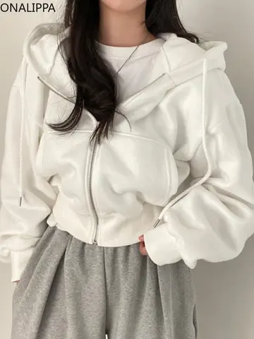 Onalippa Hooded Solid Color Casual Hoodes Zipper All Match Cropped Coat Korean Chic 2022 New Slouchy Style Long Sleeve Tops
