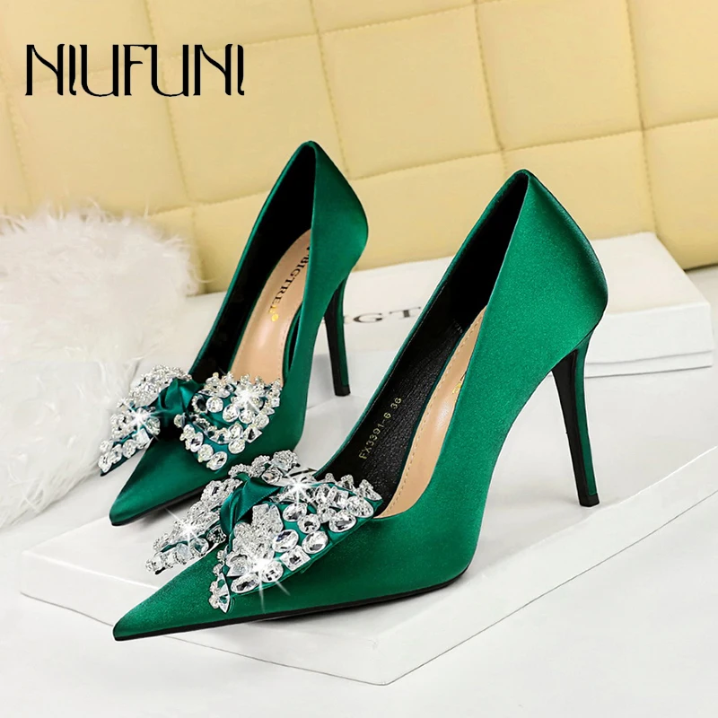 

Pointed Rhinestone Bow Women Shoes Thin High Heels Solid Color Summer Slip On Women's Pumps Fashion Ladies Party Shoes Stiletto