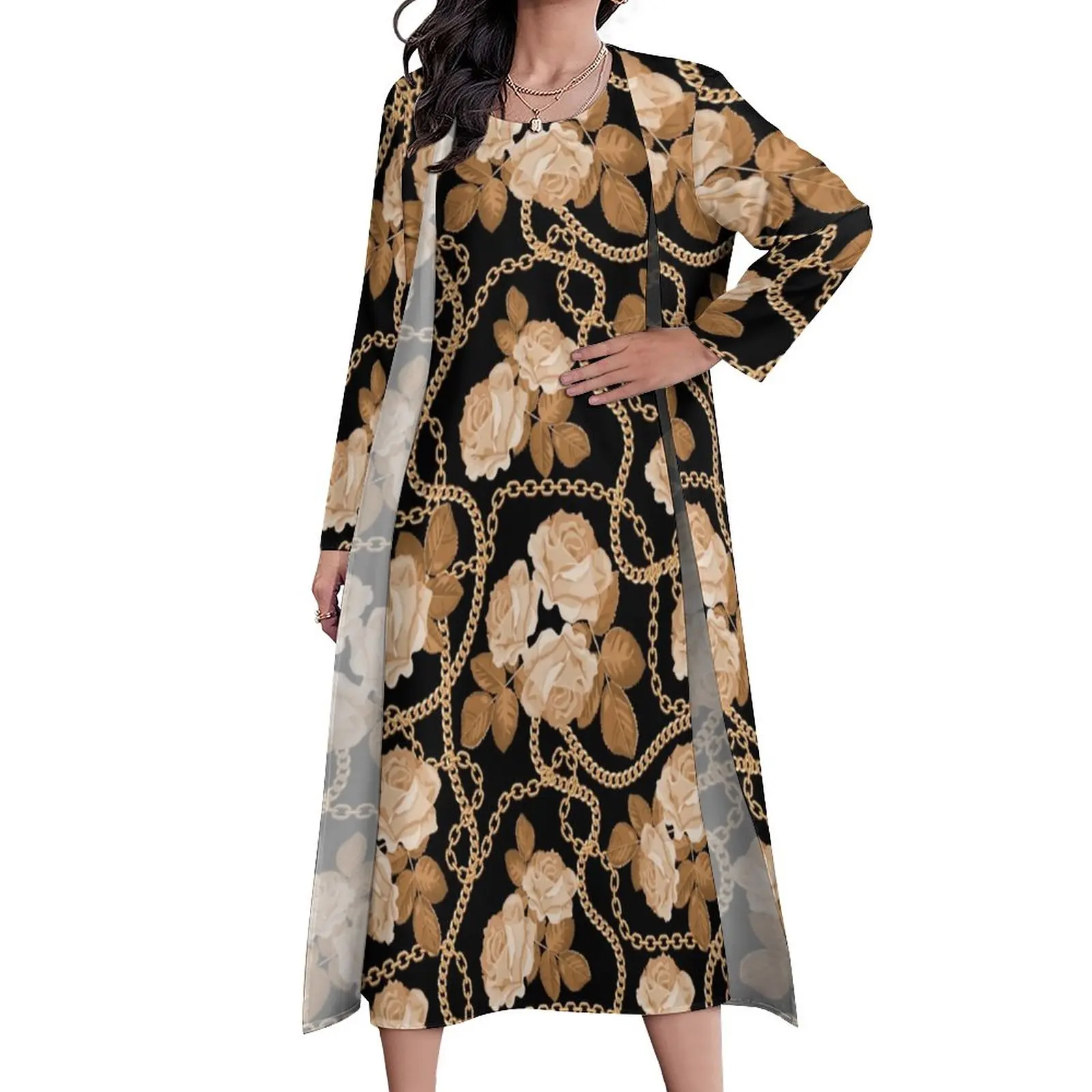 

Gold Chain Print Dress Rose Flower Vintage Maxi Dress Street Style Casual Long Dresses Autumn Long Sleeve Graphic Vestido Big Si