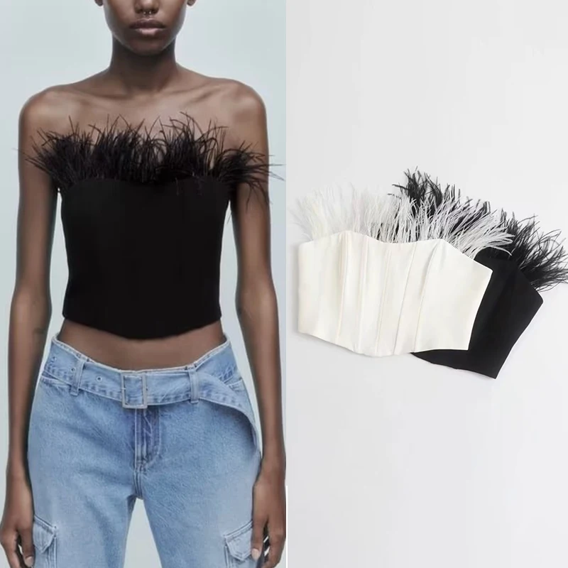 

2022 Summer Women Fashion Feather Decoration Solid Color Strapless Top Sexy Sleeveless Female Slim Short Chic Top XX8785