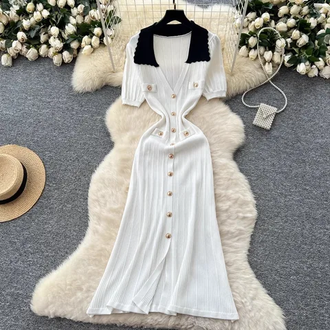 Neploe винтажное платье Moda со вставками во французском стиле, облегающее платье с отложным воротником и пышными рукавами, элегантное вязаное женское платье