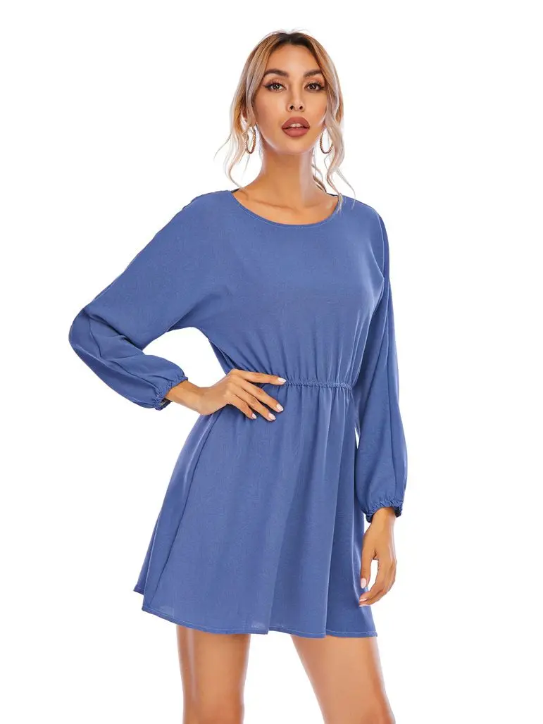 

Trendeez Casual Solid Knit O Neck Open Back A-Line Mini Dress