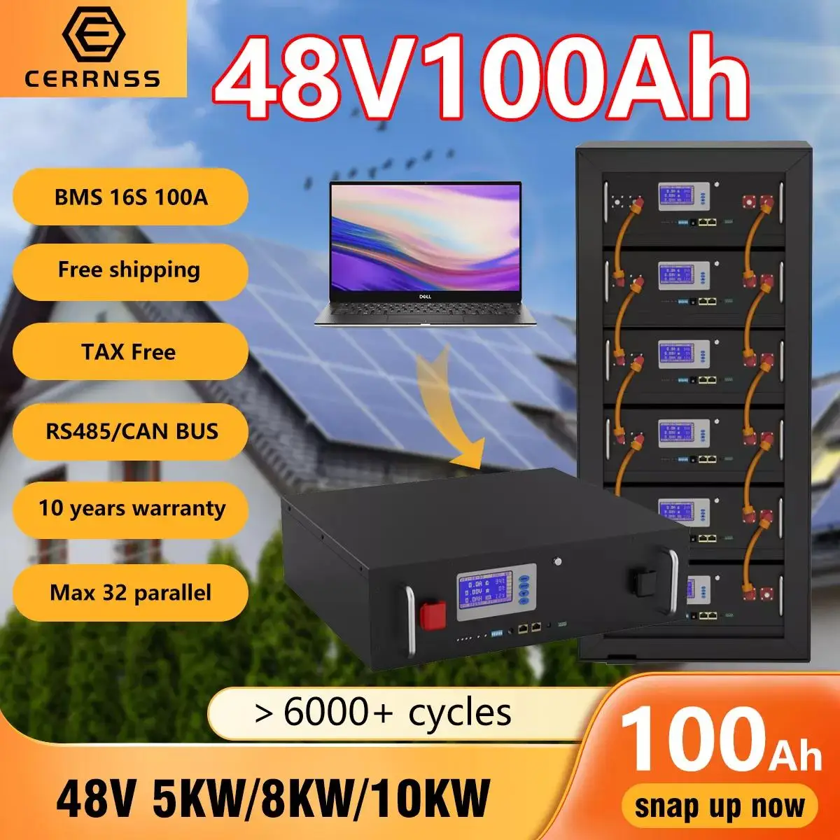 LiFePO4 Battery 48V 100AH 200AH 5KW 10KW Lithium Solar Battery 6000+ Cycles RS485 CAN 16S 100A BMS Max 32 Parallel For Inverter