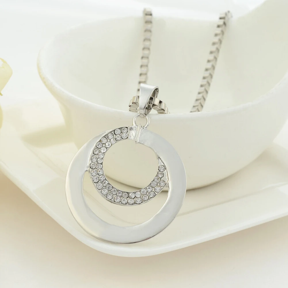 

1PC Gifts Double Circle Pendant Circle Round Pendant Sweater Chain Pendant Necklace Silver Color Necklace Jewelry Accessories