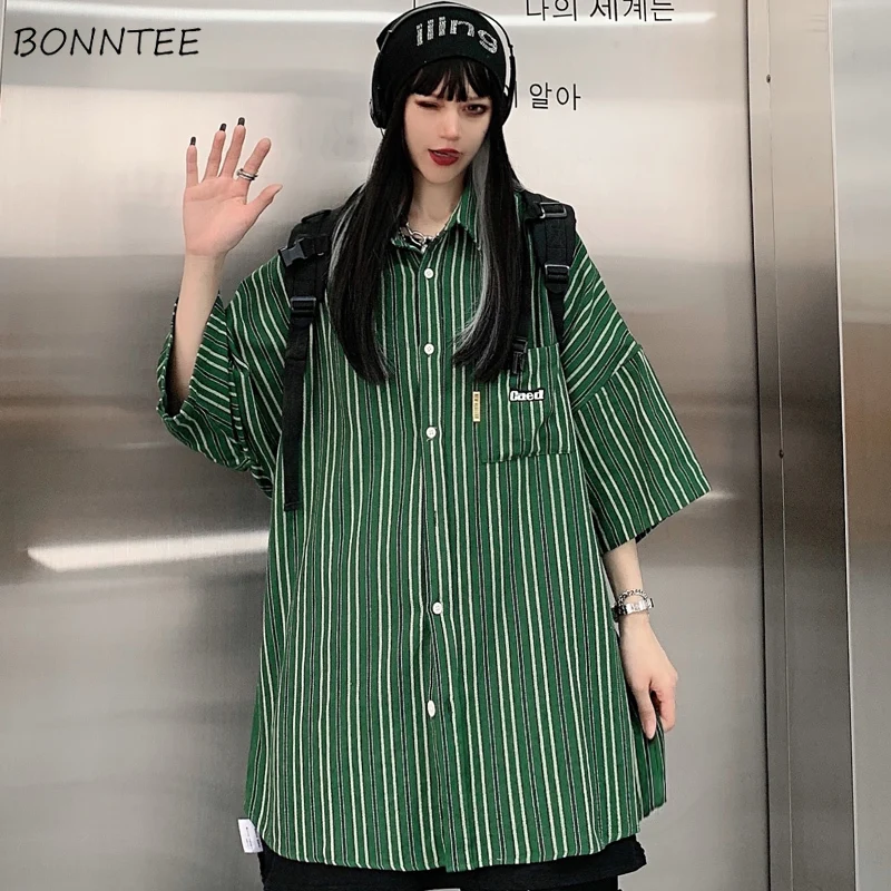 

Shirts Women Streetwear Striped Pockets New Design Ulzzang All-match Comfortable Summer Thin Students Cozy French Style Trendy