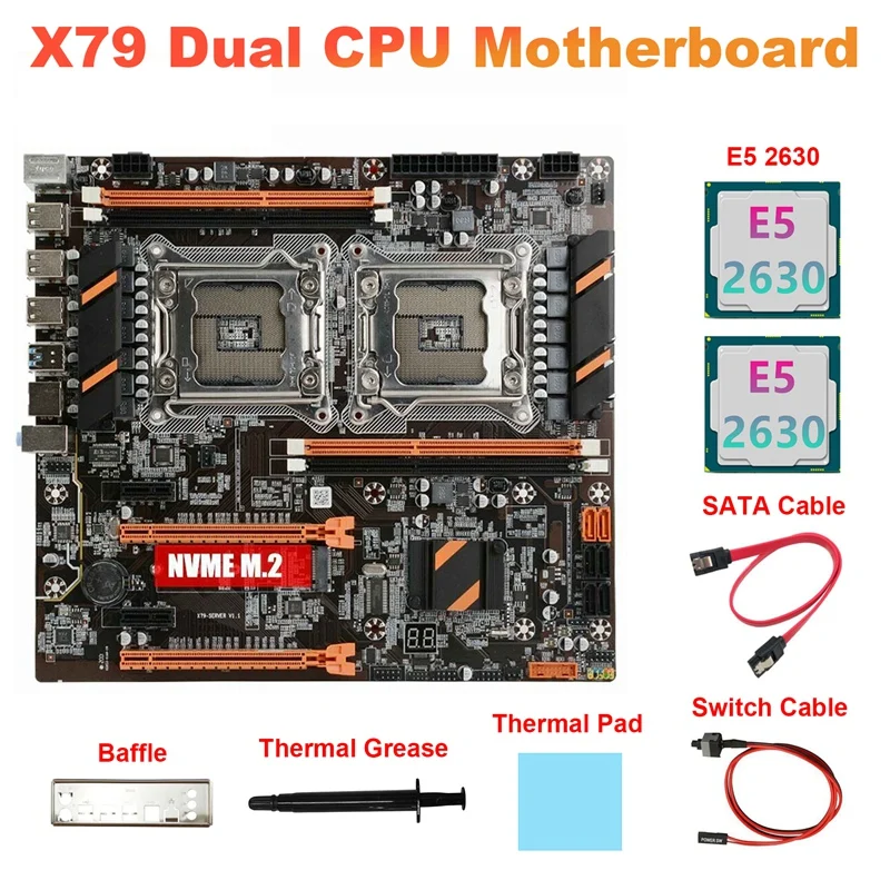 

X79 Dual CPU Motherboard +2XE5 2630 CPU+SATA Cable+Switch Cable LGA2011 M.2 NVME X79 (Black)