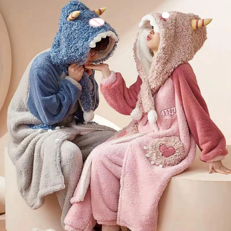 Winter Warm Flannel Women Pyjamas Coral Fleece Long Sleeve Cartoon Cosplay Sleepwear Bath Robe Pajamas and Pants Set Sleep Wear