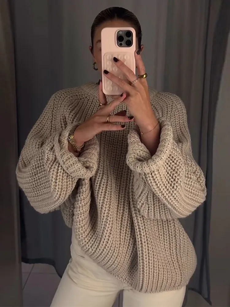 Однотонный свободный женский свитер с круглым вырезом повседневный вязаный