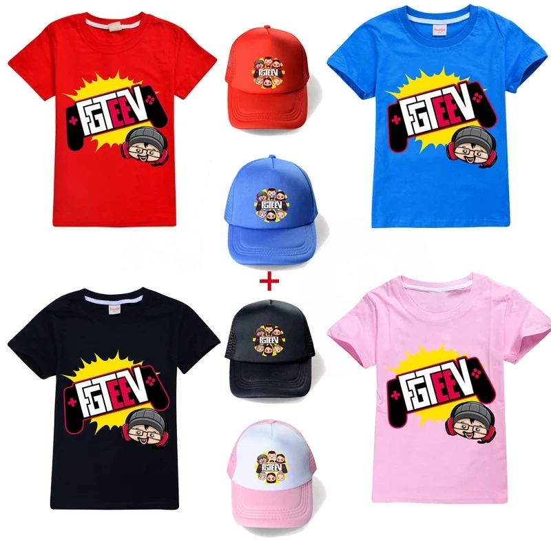 Cartoon FGTEEV Kids Clothes Boys Girls 100% Cotton T-shirts Children Fashion Clothing Summer Tops Casual Tees+sunhat Teen Shirts