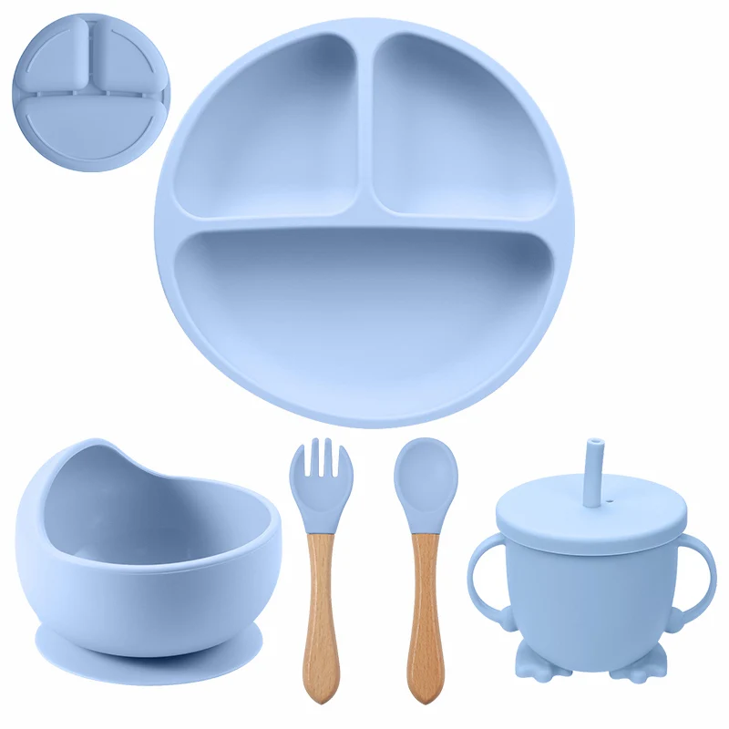 

BPA Free 5PCS/Set Baby Silicone Tableware Set Baby Feeding Dishes Bowl Plate Bibs Spoon Fork Sets Children Sucker Bowl