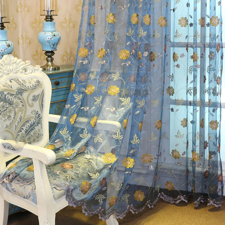 

Luxury Blue Bedroom Curtain Gauze Golden Shiny Flower Gauze Curtains For Living Room Exquisite Window Gauze Balcony Tulle Drapes