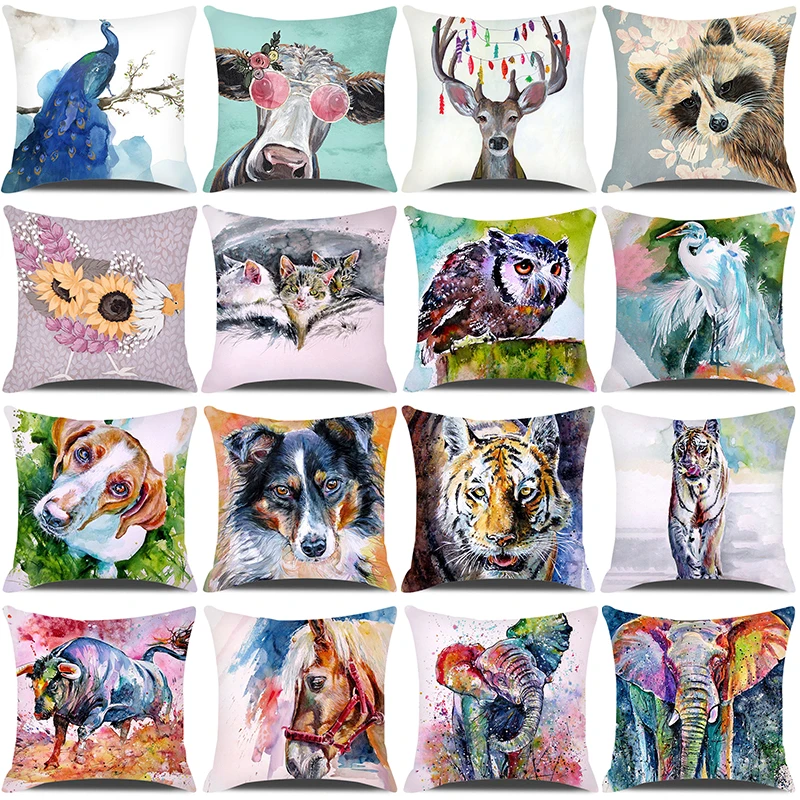 

Watercolor Animals Cushion Cover 45x45cm Cartoon Animals Portrait Printed Throw Pillow Cover Home Decorative Pillowcase for Sofa