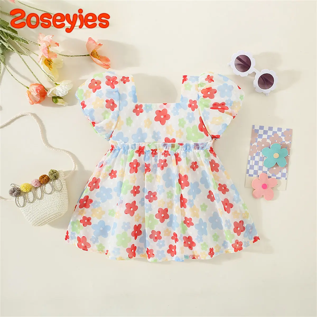 

Летнее платье для девочек, новинка 2023, шифоновая модная пляжная одежда с короткими рукавами и милыми цветами