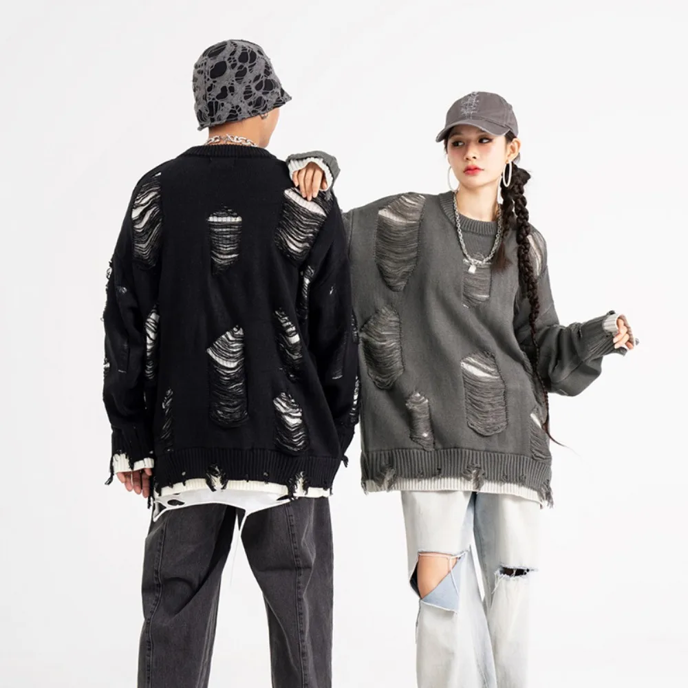 

Autumn And Winter High Street Black And White Double-sided Round Neck Sweater Y2K Hip-hop Loose Hole Sweater For Men And Women