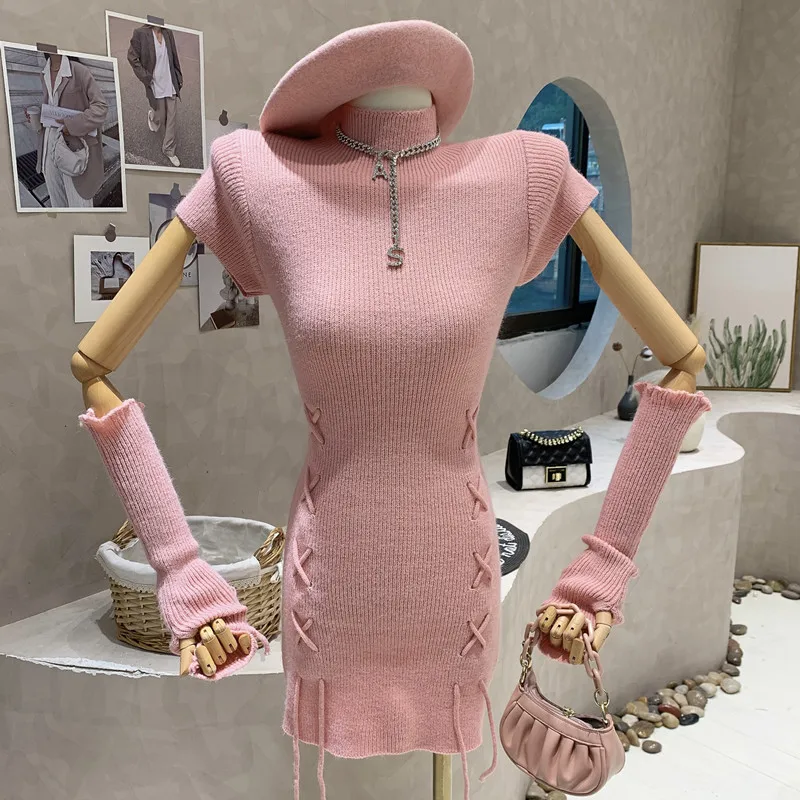 

New in Women's Clothing 2022 Winter Black knitted sweater Dress Temperament Slim Bandage Short Dress With oversleeve
