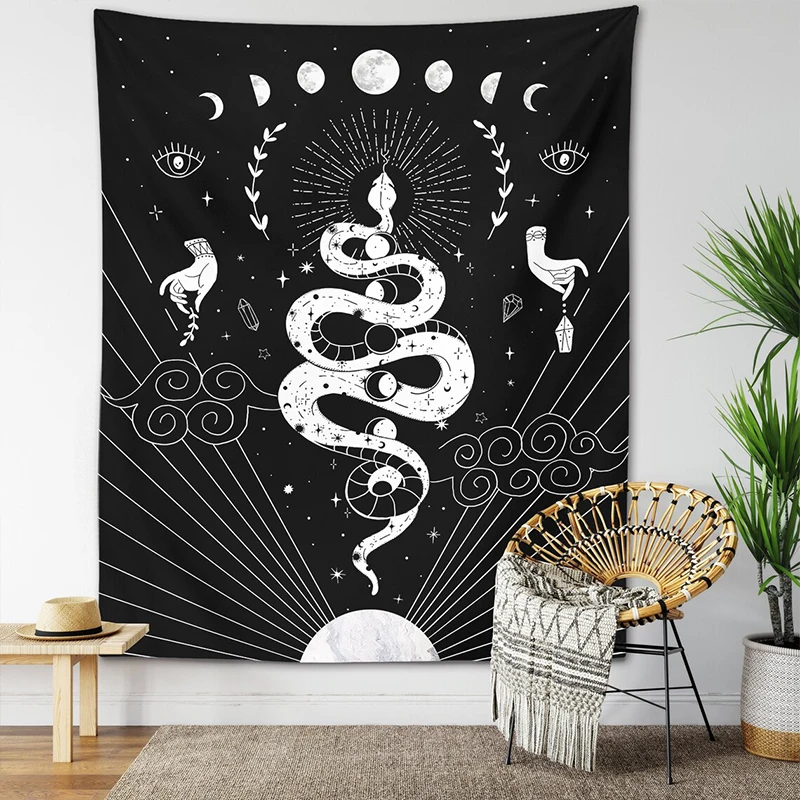 

Witchy Snake Tapestry Celestial Wiccan Wall Hanging Sun and Moon Phases Tarot Crystals Stars Art Mystical Altar Cloth Home Decor