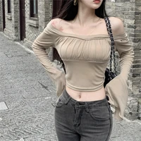 retro pleated trumpet sleeved t shirt women summer skinny long sleeved sexy crop top solid color stretch comfortable t shirt