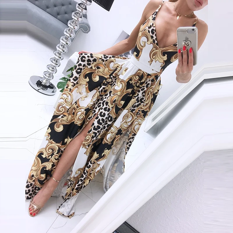 

New Summer Bohemian Elegant Party Maxi Dress Ladies Vintage Leopard Floral Print Dresses strawberry dress Sexy Women Dress