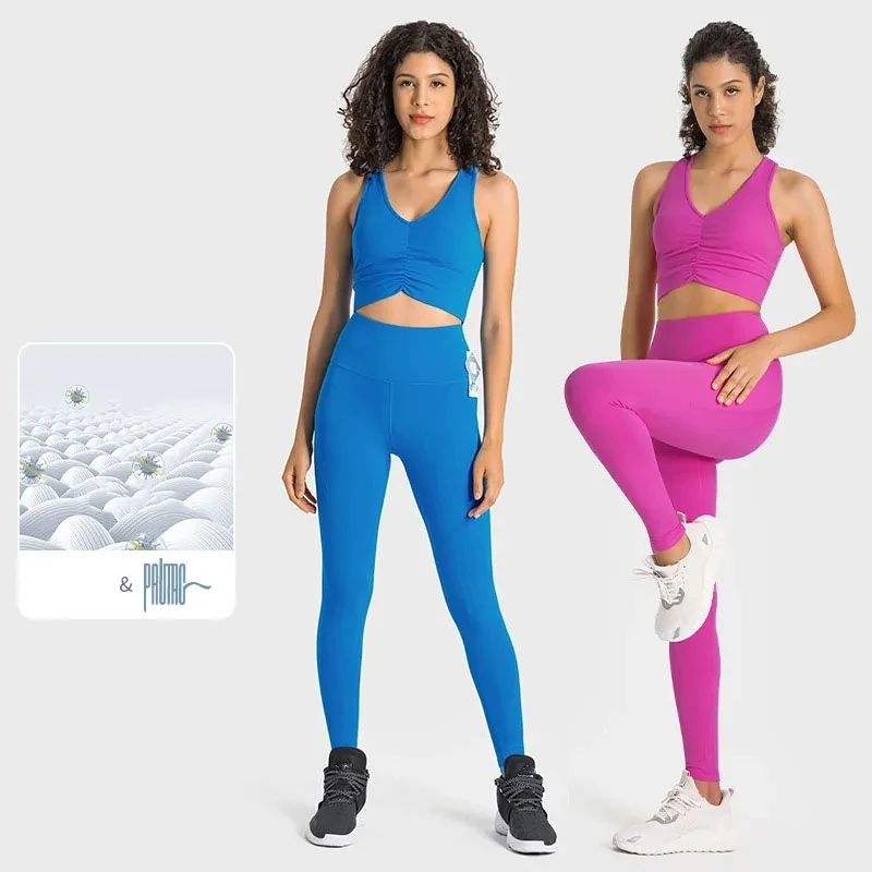 

New Yoga Set Antibacterial Nude And Shockproof Sports Bra Side Pockets Fitness Pants