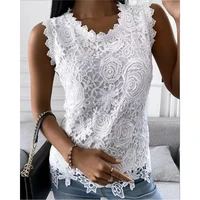 2022 women elegant office lady solid white guipure lace patch tank top v neck sleeveless vest shirts sexy blouse female clothes