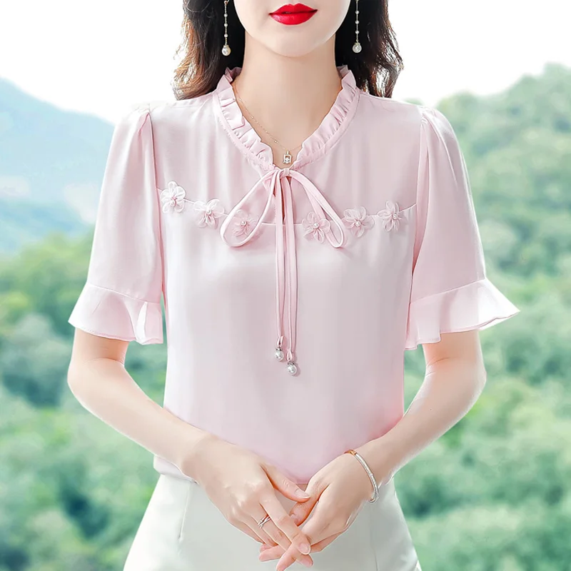 

M-4XL Korean Silk Satin Blouse 2023 Summer New Solid Color Flower Tops Fashion Short Sleeve Bowknot Women Shirt