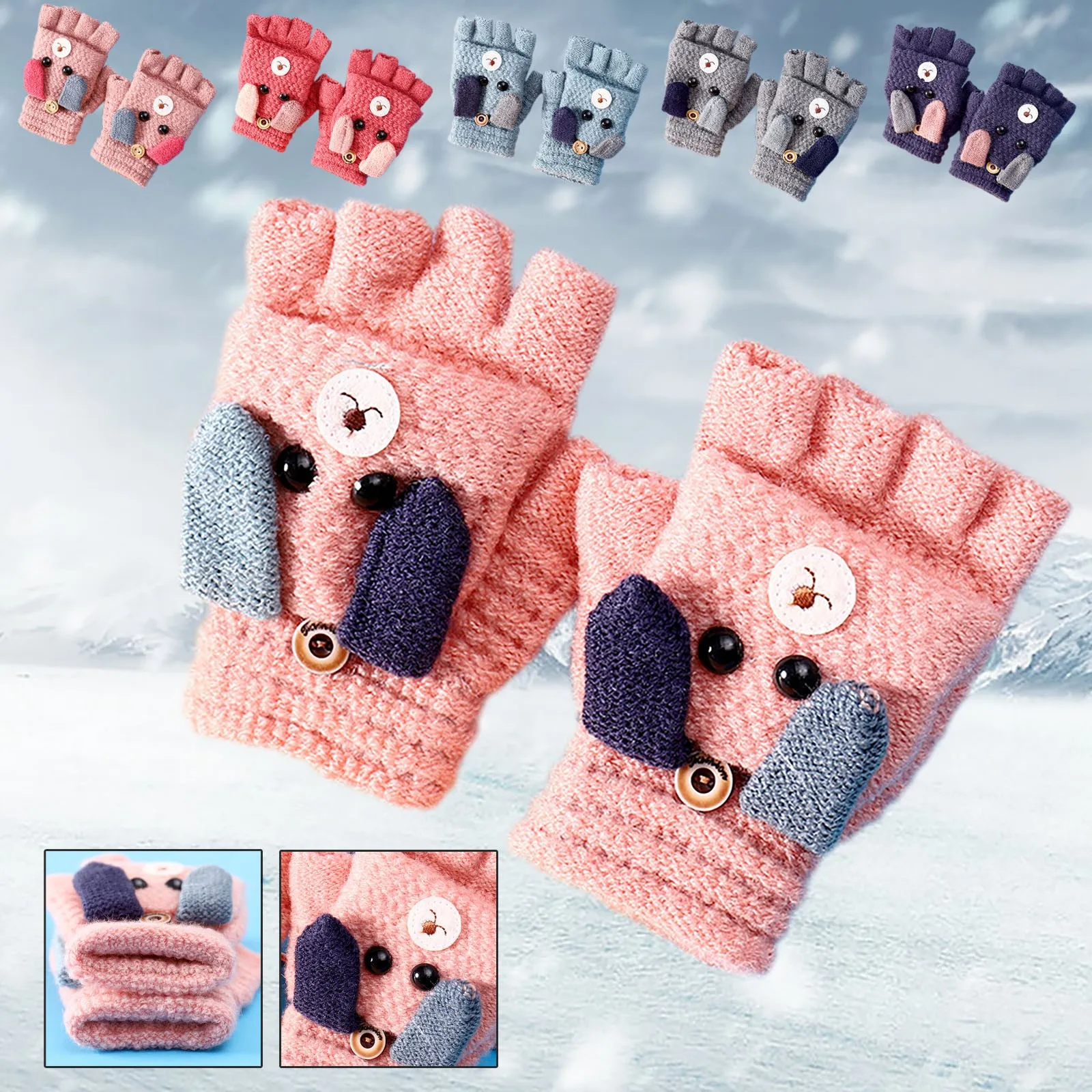 

Осенне-зимние вязаные перчатки для мальчиков и девочек, студенческие перчатки на полпальца, теплые перчатки с откидной крышкой и мультяшной собакой, уличные митенки без пальцев