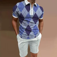 polo shirt two piece summer mens new business casual zipper short sleeved striped plaid t shirt fashion polo shirt shorts set
