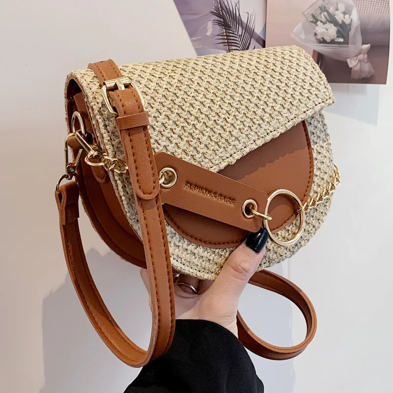 

Летняя плетеная Сумка для женщин, новинка 2023, модная плетеная Сумка через плечо, универсальная сумка контрастных цветов, сумка-Седло через п...