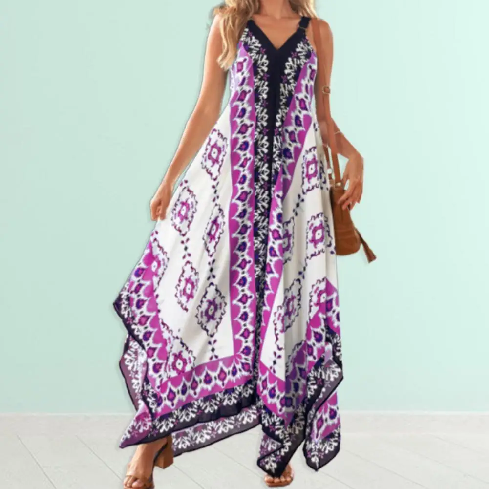 

Hot！Women Elegant Geometric Pattern Dress Ethnic Style Pattern A-Line Irregular Summer Bohemian Backless Long Dress for Beach