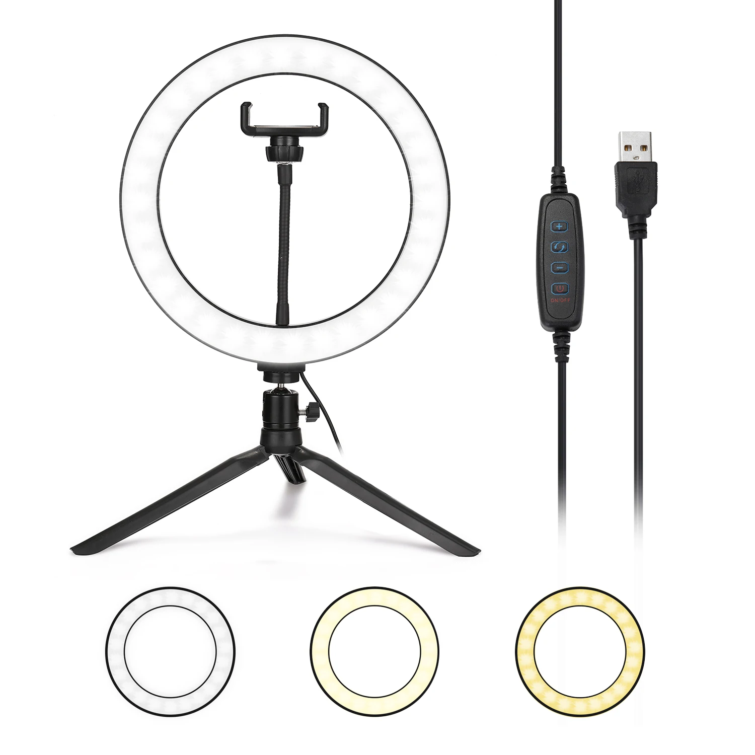 

10inch Dimmable LED Selfie Round Light with Phone Clip Brightness Adjustable Lamp for Live Broadcast Photography with Tripod