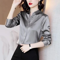 elegant solid color lapel long sleeve oversized satin button shirt 2022 autumn new casual womens clothing office lady blouses