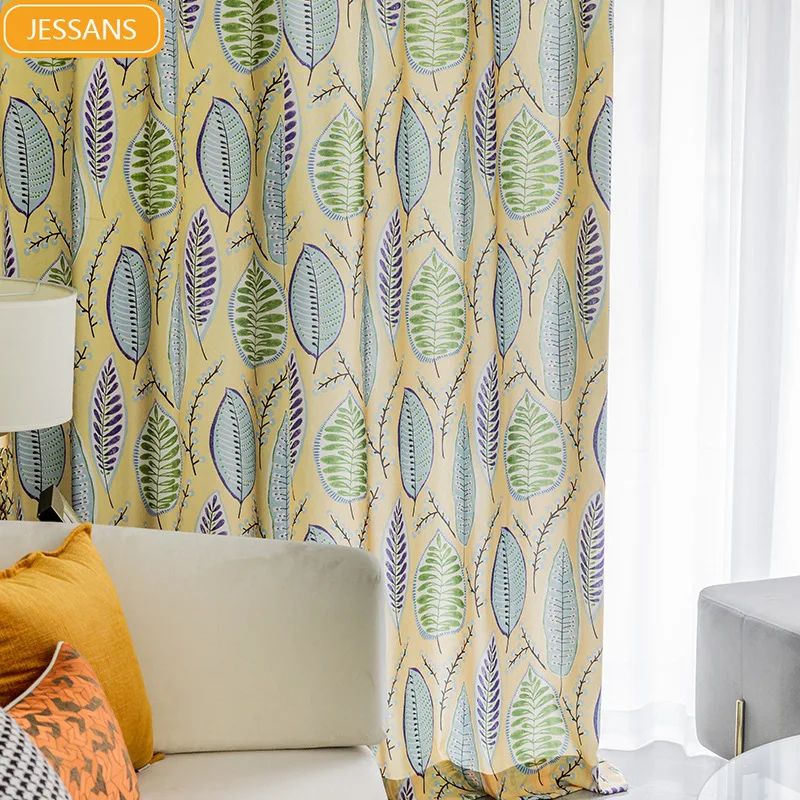 

Modern Curtains for Living DiningRoom Bedroom Garden Leaf Printing Curtain Available Green Purple Finished Product Customization