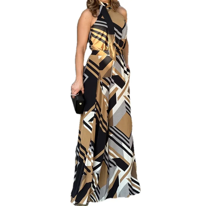 S-3xl Sleeveless Sexy Open Back Waist Jumpsuit 2023 New European And American Fashion Print Round Neck Wide Leg Pants Women