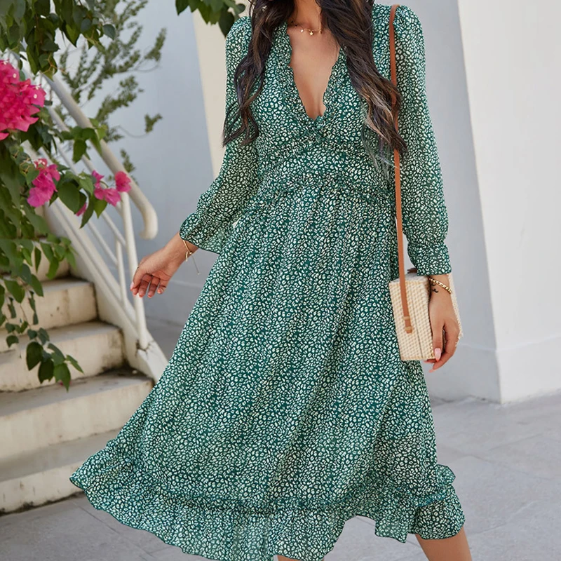 

Long Sleeve Dress Casual Simple Ruffle Print Dress Elegant Deep V Neck Floral High Waist Ruffles Dresses For Women