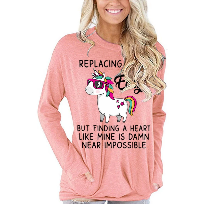 Funny Cute Unicorn T Shirts Women Satirical Humor Tops Replacing Me Is Easy Letter Graphic Tshirts Long Sleeve T-shirts