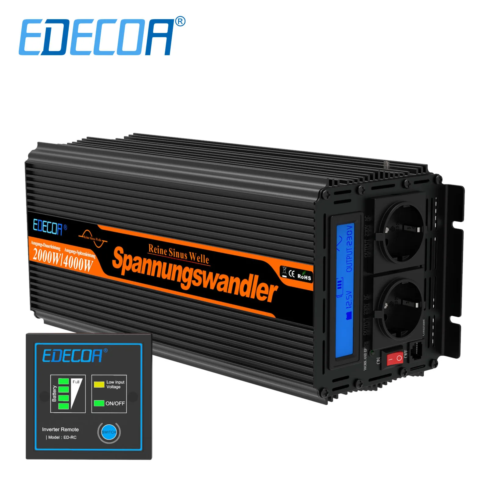EDECOA 2000w DC 12V 24V to AC 220V 230V pure sine wave power inverter off grid solar inverter 2KW converter car inverter
