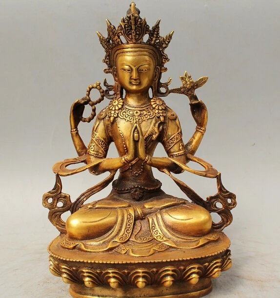 

wholesale factory 12inch Tibet Buddhism Bronze Gild 4 arms Chenrezig Buddha Avalokiteshvara Statue
