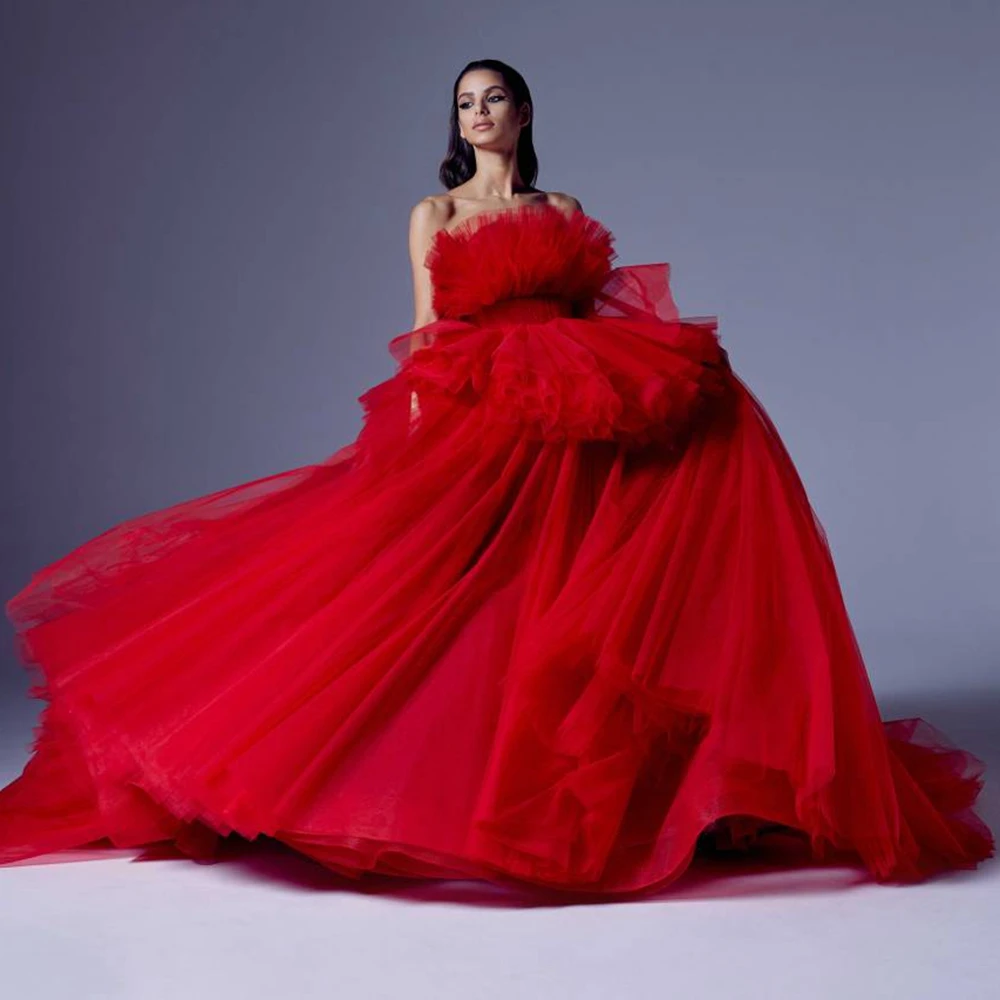 

New Lush Ball Gown Evening Bridal Dresses Mesh Puffy Extra Long Evening Party Dress Ruffle Off Shoulder robe de soiree 2022